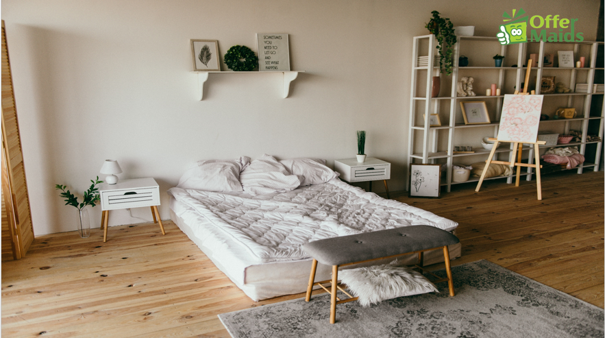 White bed in a bedroom